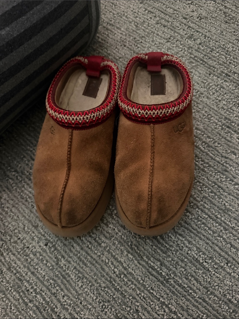 UGG Chestnut Suede Slip-On Clog with Red Knit Trim